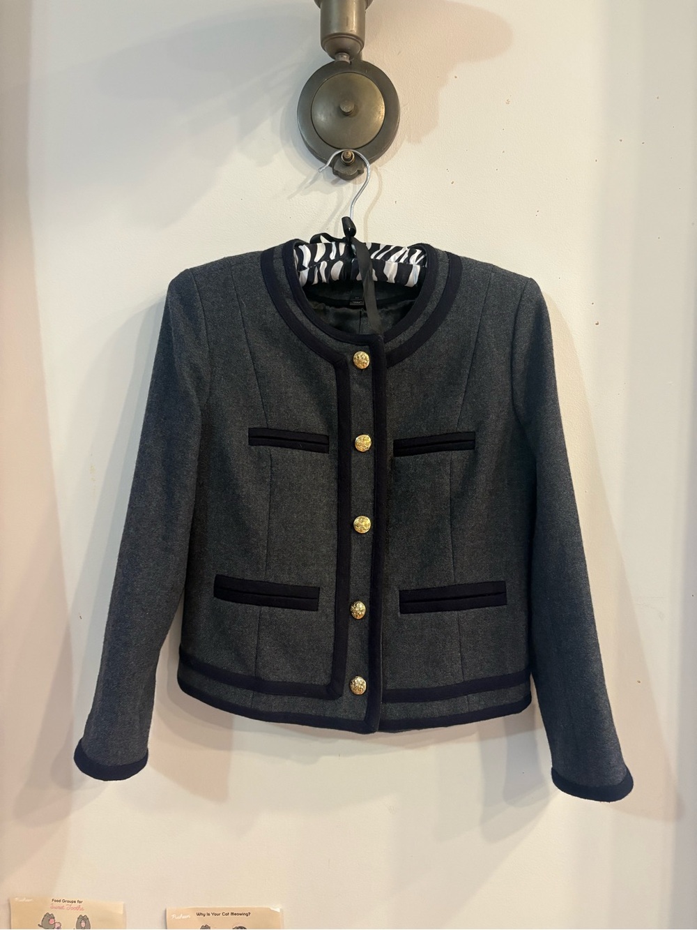 J. Crew Charcoal Gray Wool Lady Blazer/ jacket with Navy Trim size 00